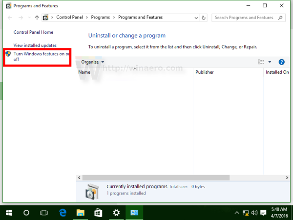 Programs and features window